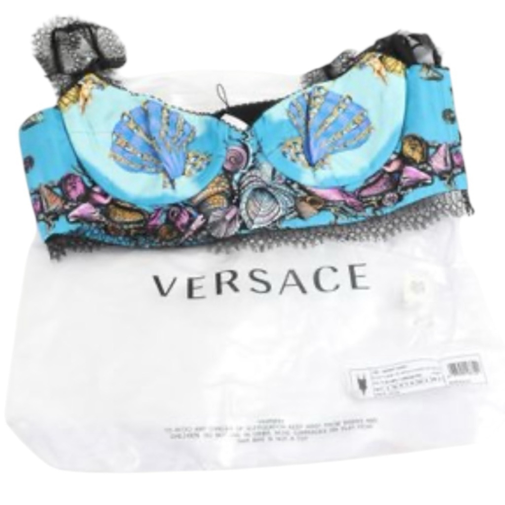 Versace Blue Multi-color Seashell Print Crop Top with Black Lace EU Size 44 - Picture 2 of 13